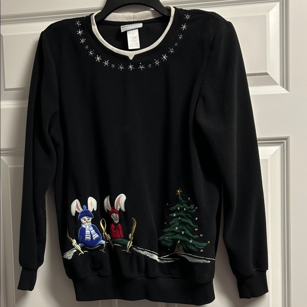Alfred Dunner Black Sweater with Festive Bunny and Tree